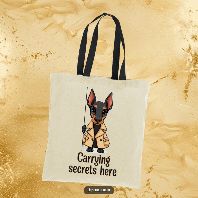 Funny tote bag featuring a Doberman in a trench coat, peeking around a corner, ready for any covert operation.