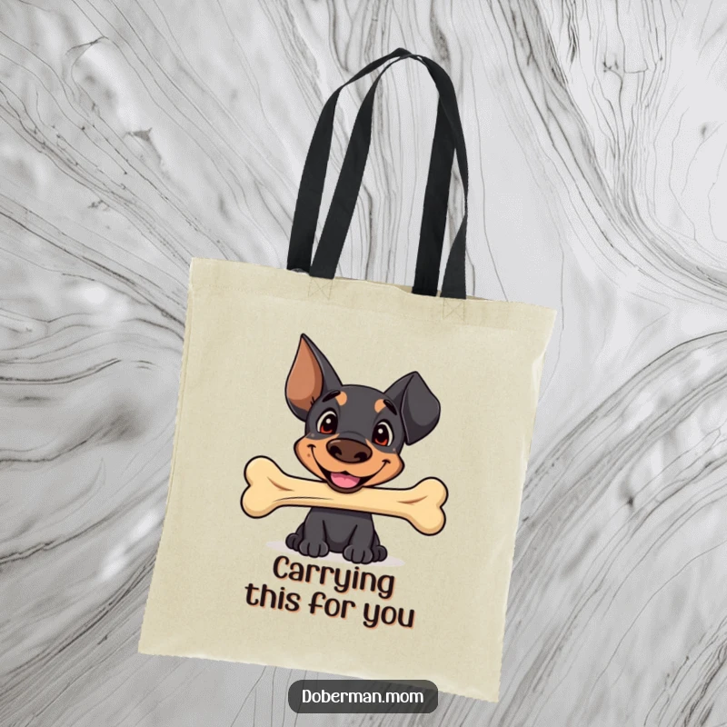 Funny Sweet Doberman tote bag with a happy smile, offering a well-worn bone, ideal for carrying daily items with adorable humor.