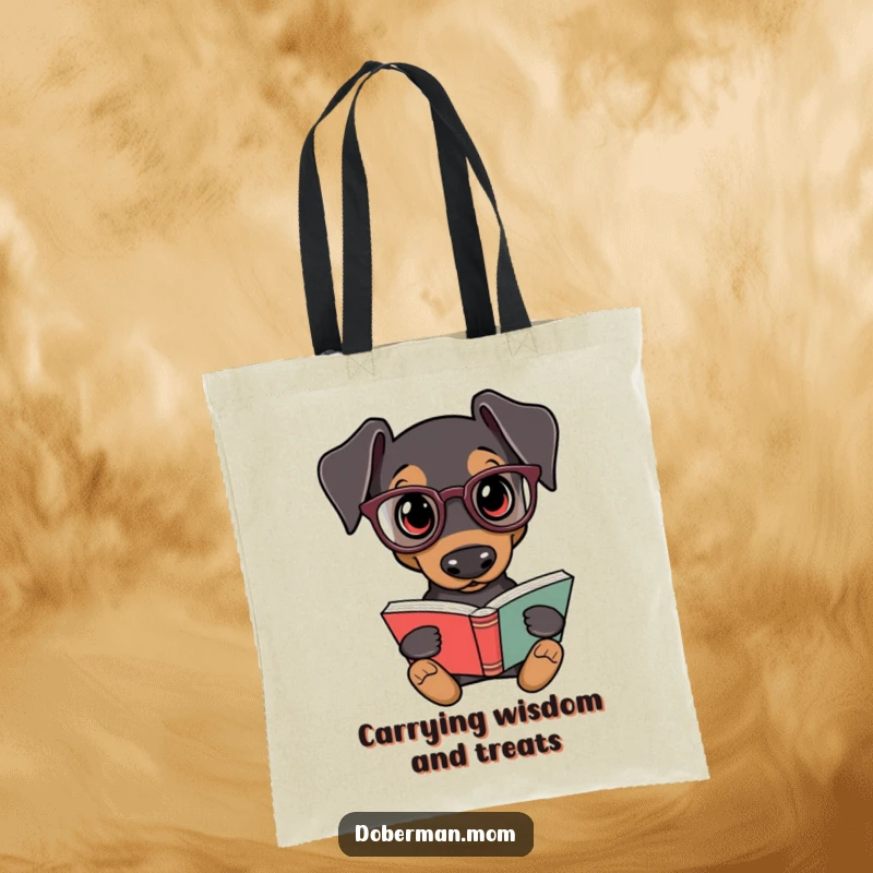 Funny Doberman Book Lover Tote Bag: A Doberman dog wearing reading glasses sits with a book, ideal for carrying books.