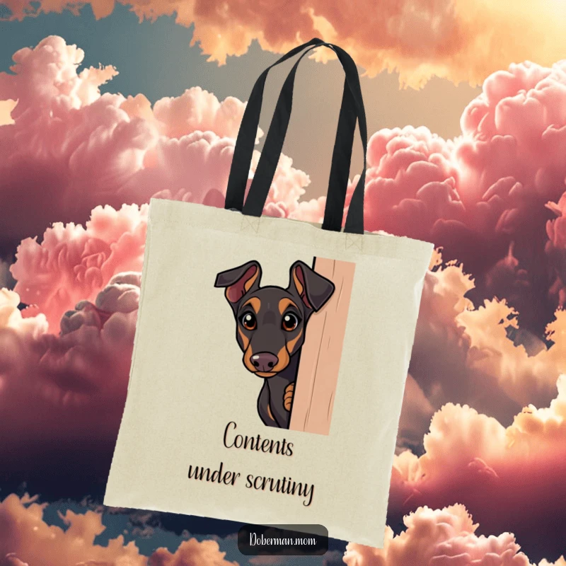 Funny Doberman tote bag, curious dog peeking around a corner with wide eyes, a humorous and intriguing accessory for daily use.