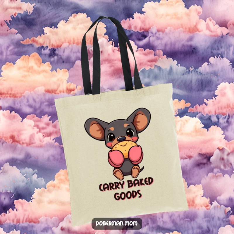 Funny Doberman dog wearing oven mitts and holding a pastry, showcased on a practical tote bag, a baker's humorous companion.
