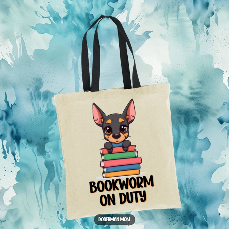 Funny Doberman Book Stack Tote Bag: a determined dog carries books; a humorous and practical accessory for book lovers.