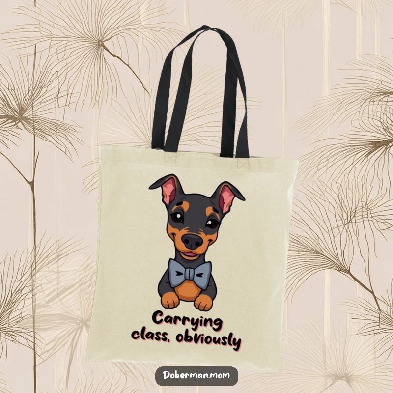 Funny Doberman Bow Tie Wink Tote Bag: a stylish dog wearing a bowtie winks; perfect for carrying essentials with humor.