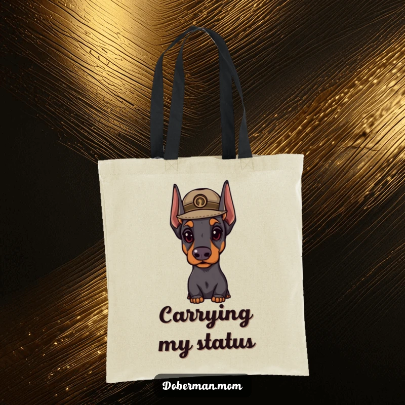 Funny Doberman hat tote bag featuring a distinguished dog wearing a small hat, looking important, great for shopping and style.