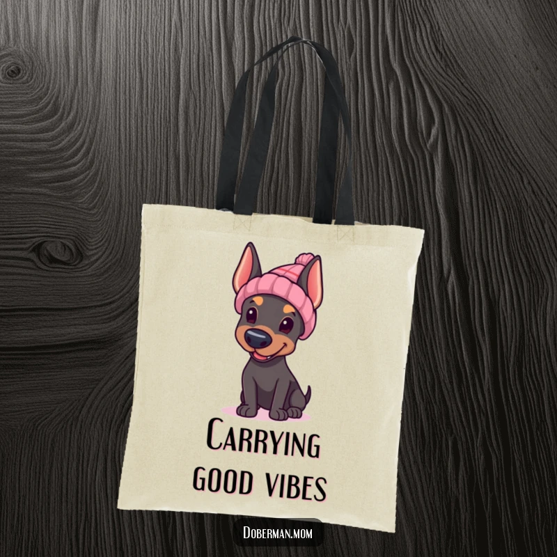 Funny Doberman tote bag, Doberman in a hat waving, cute accessory, practical and stylish.