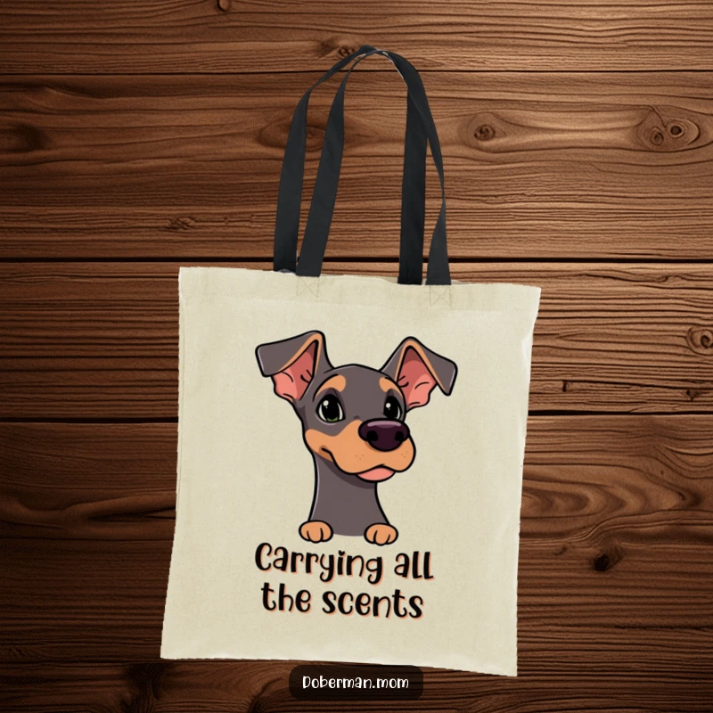 Funny Tote Bag: Alert Doberman character with perked ears, curiously sniffing the air, ready for errands and intrigue.