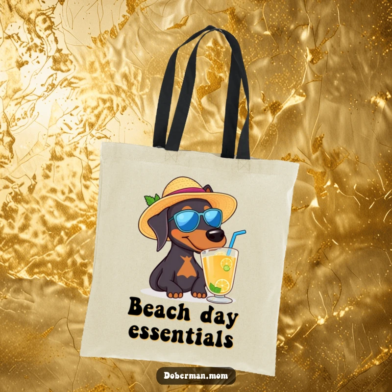 Funny Doberman dog in a sun hat sips a drink, great for beach days on this humorous tote.