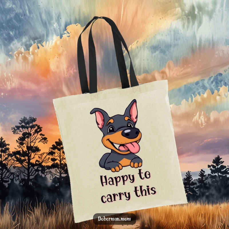 Funny Doberman tote bag showcasing a dog with a massive happy grin, panting contentedly, perfect for joyful errands.