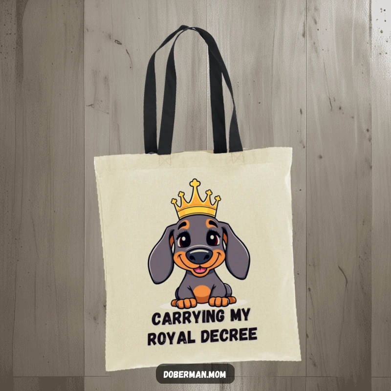 Funny Doberman Tote Bag: A jolly Doberman sporting a small crown, carrying its regal presence into a functional and humorous tote.