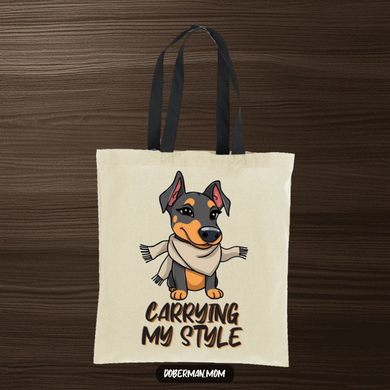 Funny Doberman wearing a stylish scarf winks charmingly, a humorous and practical tote bag.