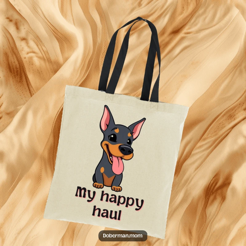 Funny tote bag with a Doberman dog, tongue sticking out slightly, panting happily and looking joyful.