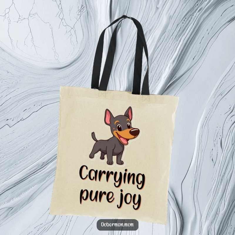 Funny Happy Doberman Tote Bag: A cheerful Doberman captured mid-bark, tail wagging enthusiastically, ready for shopping.