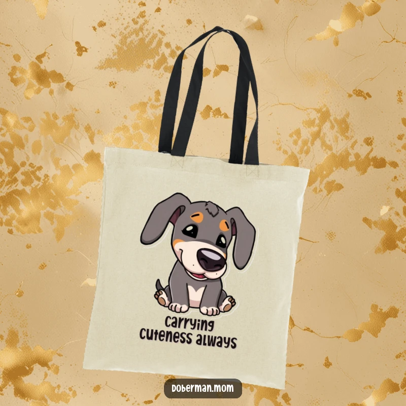 Funny Tote Bag: Kawaii Doberman character with cute eyes, playfully bowing its head, ready for shopping and smiles.
