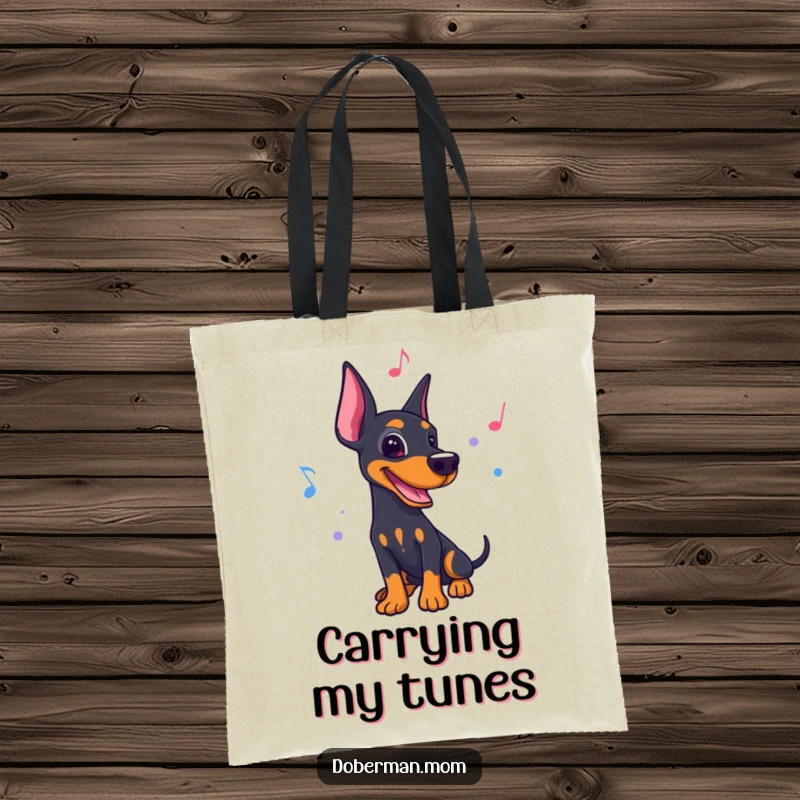 Funny tote bag with a Doberman dancing to a lively rhythm, surrounded by musical notes.