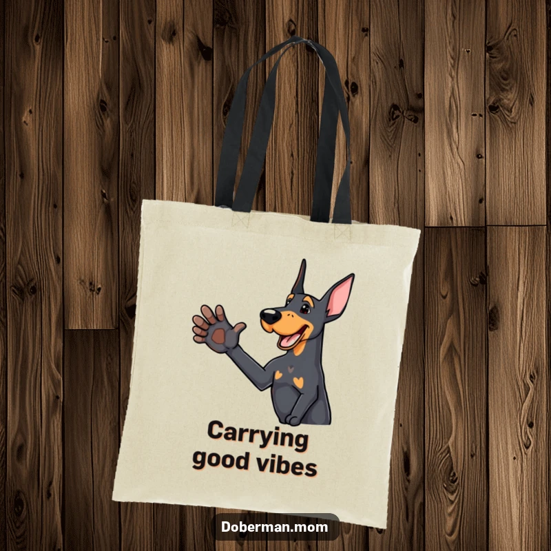 Funny Doberman tote bag with a delighted dog offering a friendly paw, perfect for carrying items with a humorous greeting.