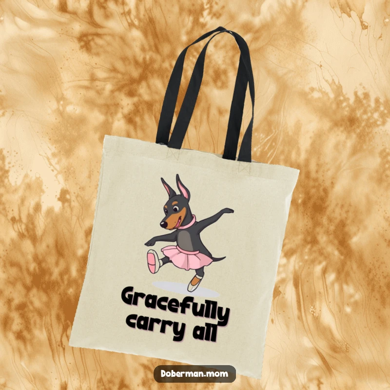 Funny Doberman dog in ballet slippers, attempting a graceful pose on a stylish tote bag, a dancer's humorous accessory.