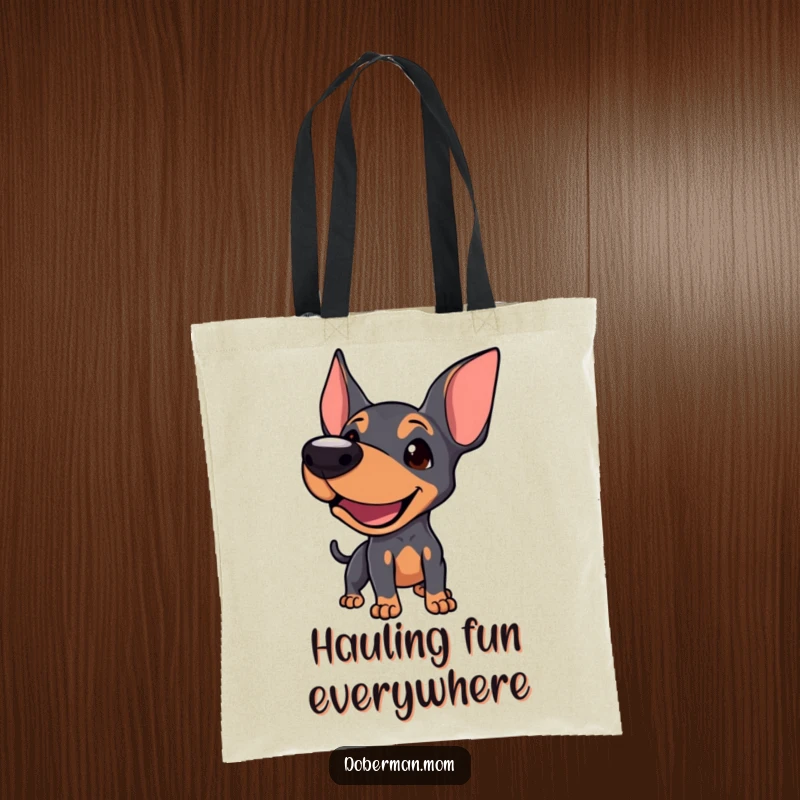 Funny Doberman tote bag with a dog in a stance, letting out a playful bark, ready for interaction.